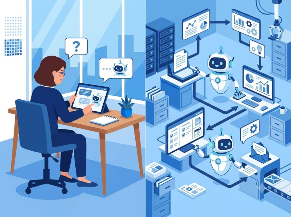 従来のAIツールとAIエージェントの違いを示した比較イラスト